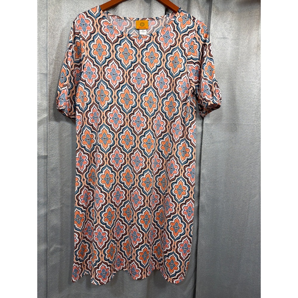 Ruby Rd Womens Small Orange Blue Medallion Print Short Sleeve Shift Dress